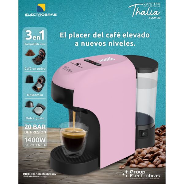 Cafetera Eléctrica Electrobras Thalia TLCM-20 - 1400W - 3 en 1 - 850mL - 220V - Rosa