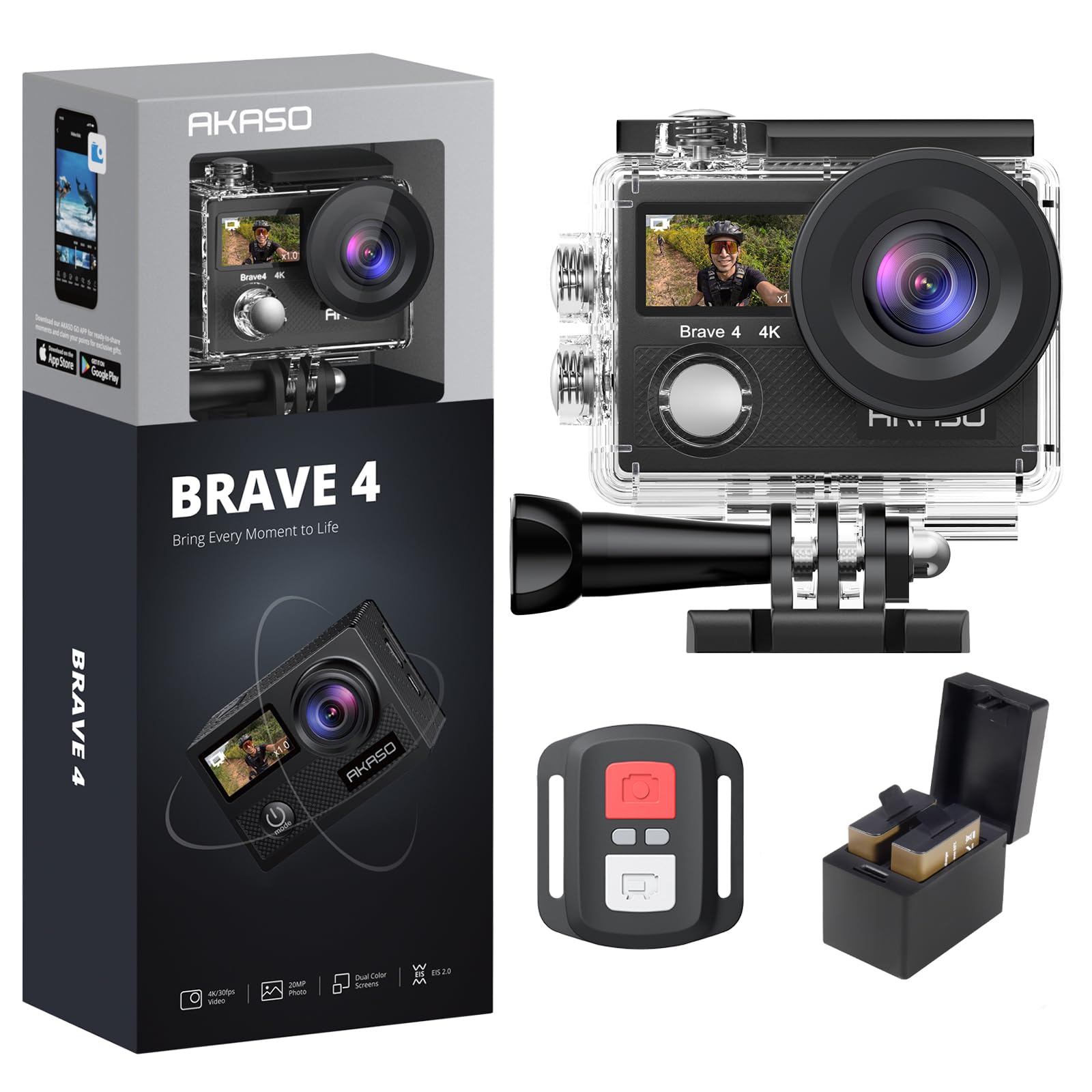 Cámara de Acción Akaso Brave 4 - 4K - 20MP - Zoom 5x - WiFi - Negro