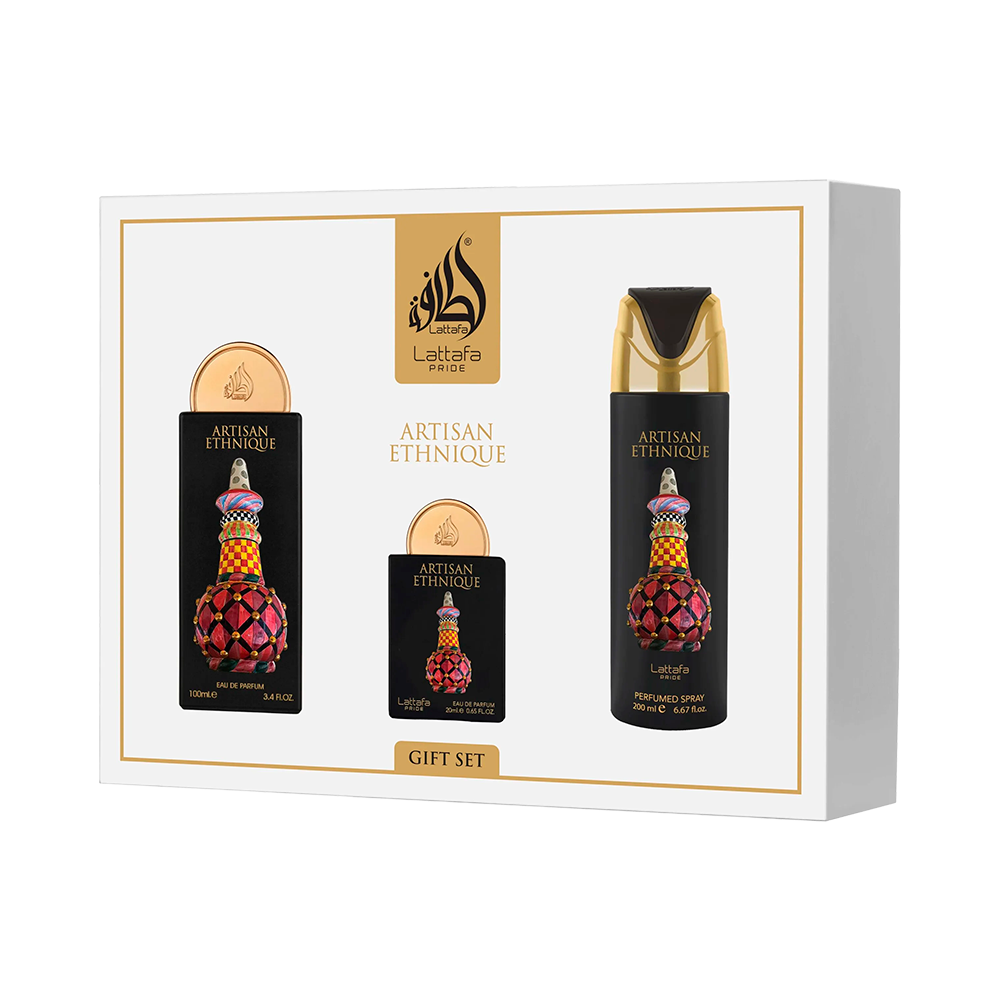 Kit Lattafa Pride Artisan Ethnique – 3 en 1 – Perfume EDP 100 ml + Perfume EDP 20 ml + Desodorante 20…