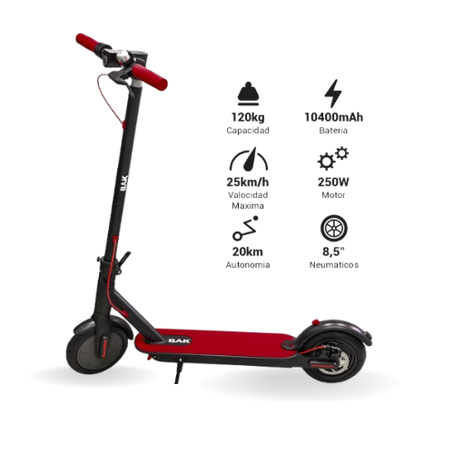 Patinete Eléctrico BAK BK-SC001 – 8.5" – 250W – App – 25 km/h – Autonomía 20 km – 10,400 mAh – Rojo